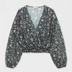 Pull&Bear Dark Teal Floral Wrap Blouse